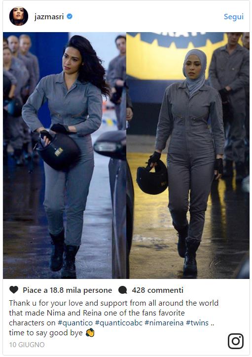 Jasmine el Massri si ritira da Quantico Immagine post Instagram