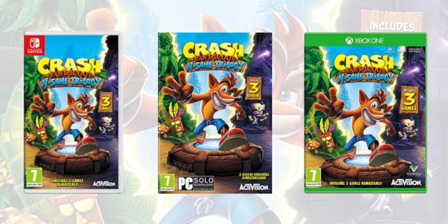 Crash Bandicoot N. Sane Trilogy anticipa l'uscita su PC, PS4 e Xbox One Le copertine delle edizioni di N. Sane Trilogy in uscita su Switch, PC e Xbox One