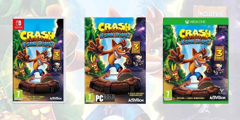 Crash Bandicoot N. Sane Trilogy anticipa l'uscita su PC, PS4 e Xbox One Le copertine delle edizioni di N. Sane Trilogy in uscita su Switch, PC e Xbox One