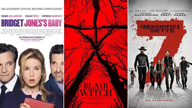 Weekend al cinema: i film in uscita il 24 e 25 settembre 2016 Le locandine dei film Bridget Jones's Baby, Blair Witch, I Magnifici Sette