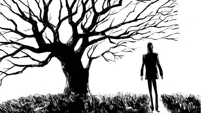 Nick Cave in una tavola tratta dal fumetto Mercy on Me Cave di spalle in una tavola della graphic novel di Kleist