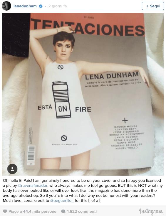 Lena Dunham contro Photoshop su Instagram Lo scatto contestato da Lena Dunham su Instagram