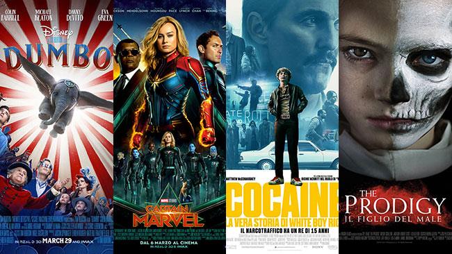 Un mese di cinema: i film in sala a marzo 2019 I poster di Dumbo, Captain Marvel, Cocaine - La vera storia di White Boy Rick, The Prodigy