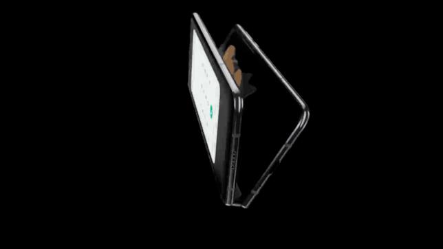 Il Galaxy Fold è il dispositivo pieghevole presentato da Samsung all'evento Unpacked 2019 Una GIF mostra il meccanismo di apertura del Galaxy Fold