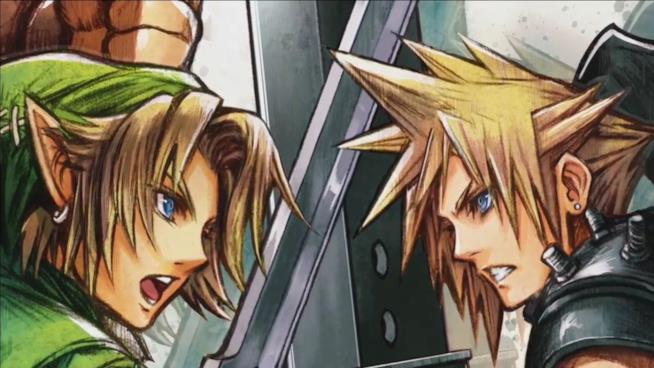 Cloud e Link incrociano le spade in un disegno di Tetsuya Nomura Link vs Cloud Strife nell'illustrazione di Tetsuya Nomura