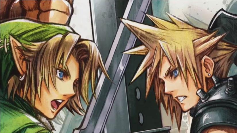 Cloud e Link incrociano le spade in un disegno di Tetsuya Nomura Link vs Cloud Strife nell'illustrazione di Tetsuya Nomura