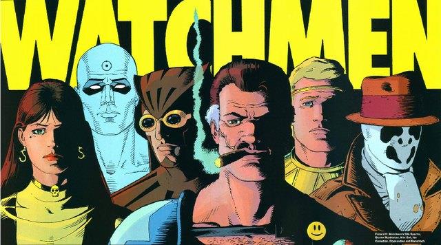 Watchmen è un romanzo grafico a più livelli che parla della decadenza dell'Umanità e della disillusione dei suoi difensori in maschera Immagine pubblicitaria del graphic novel, con tutto il gruppo di supereroi del gruppo sotto il logo