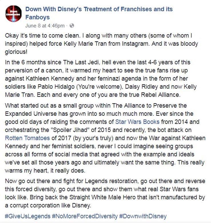 Il post degli hater che si prendono il merito dell'attacco contro Kelly Marie Tran L'ignobile post condiviso da Down with Disney