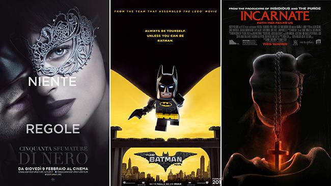 Weekend al cinema: i film in uscita l'11 e il 12 febbraio 2017 Le locandine dei film Cinquanta Sfumature di Nero, Lego Batman - Il Film e Incarnate
