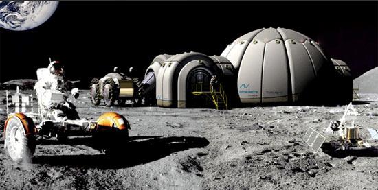 La scoperta di acqua sulla Luna ne faciliterebbe la colonizzazione? Colonia a forma di igloo con astronauta in tuta spaziale che guida un veicolo, sul suolo della Luna