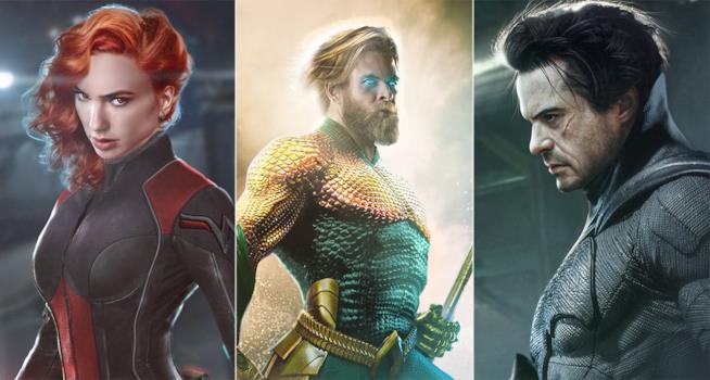 Gli attori Marvel e DC si scambiano ruoli: Robert Downey Jr. è il nuovo Batman! Gal Gadot/Vedova Nera, Chris Hemsworth/Aquaman e RDJ/Batman: le fanart di BossLogic