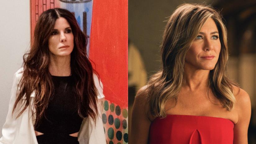 Sandra Bullock racconta della maternità all'amica Jennifer Aniston Primi piani di Sandra Bullock e Jennifer Aniston in Ocean's 8 e The Morning Show