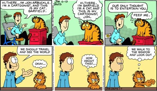 Garfield è diventato famoso grazie alle strisce a fumetti in syndication Due strisce sequenziali a fumetti nelle quali compare Garfield che dialoga con il padrone