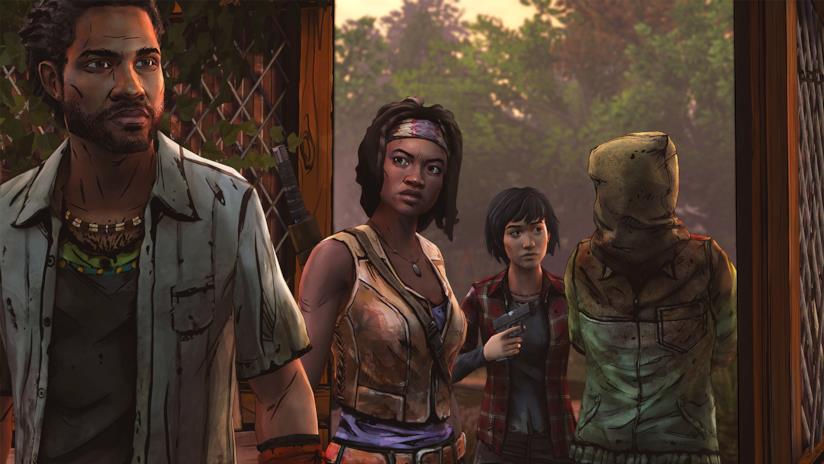Il terzo episodio di The Walking Dead: Michonne in uscita il 26 aprile Michonne e il suo gruppo in What We Deserve