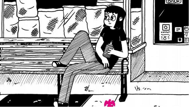 La copertina del fumetto Drinking at the movies di Julia Wertz La cover in bianco e nero di Drinking at the movies