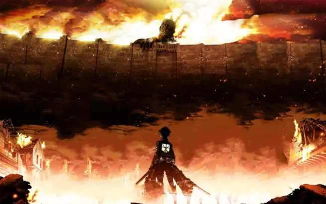Dynit porta un estratto della mostra Wall Italia a Lucca Comics & Games. Il protagonista Eren contro il Gigante Colossale dietro le mura della città