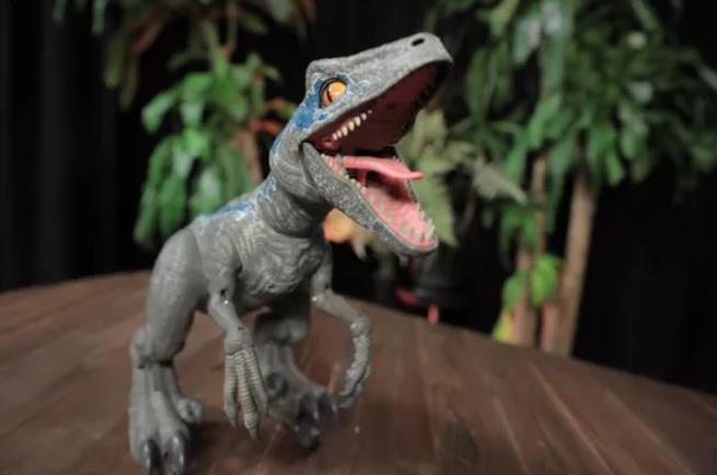 Il raptor robotico in stile Jurassic World che può essere addestrato Primo piano del dinosauro robot