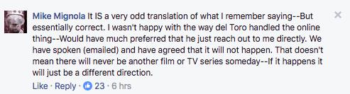 Il commento di Mike Mignola su Facebook Mike Mignola parla di Guillermo del Toro