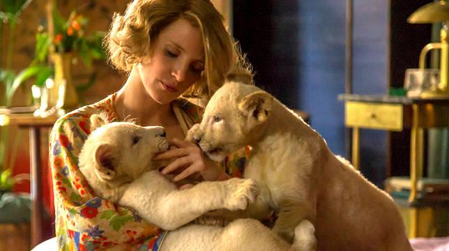 Jessica Chastain in una scena del film tratta da Gli ebrei dello zoo di Varsavia Jessica Chastain gioca con alcuni cuccioli di leone