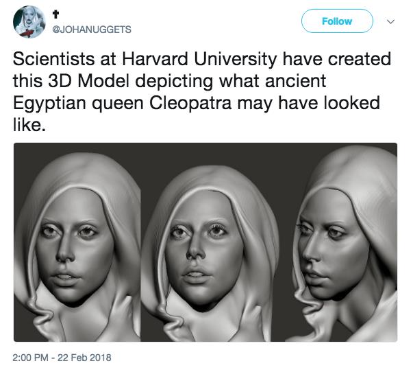 Un modello 3D che mostra la somiglianza tra Cleopatra e Lady Gaga Cleopatra come Lady Gaga nel modello 3D
