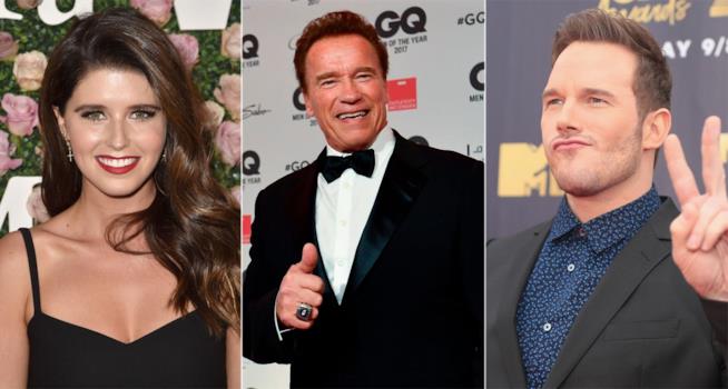 Chris Pratt e Katherine Schwarzenegger con Arnold: l'incontro ripreso dai paparazzi Katherine Schwarzenegger, il padre Arnold e Chris Pratt