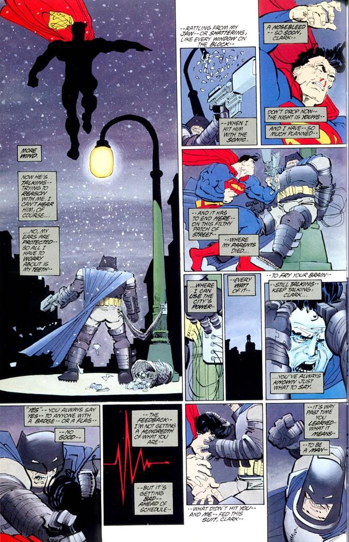 La lotta tra Batman e Superman, citata anche in Batman v Superman: Dawn of Justice Tavola de Il Ritorno del Cavaliere Oscuro, nella quale Superman lotta con Batman