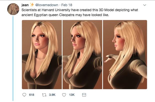 Il modello 3D che mostrerebbe come apparirebbe oggi Cleopatra Cleopatra in versione moderna sarebbe la copia di Britney Spears