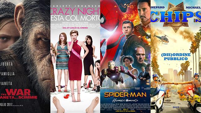 Un mese di cinema: i film in uscita a luglio 2017 I poster dei film: The War: Il Pianeta delle Scimmie, Crazy Night, Spider-Man: Homecoming, CHIPs