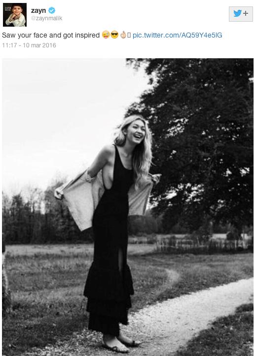 Zayn Malik si dichiara a Gigi Hadid su Twitter Foto di Gigi Hadid condivisa da Zayn Malik su Twitter