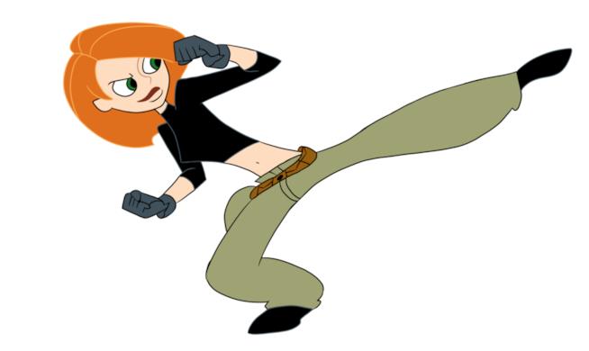 L'eroina Kim Possible sferra un potente calcio per sconfiggere i malvagi L'eroina Kim della serie animata Kim Possible sferra un poderoso calcio per sconfiggere i malvagi