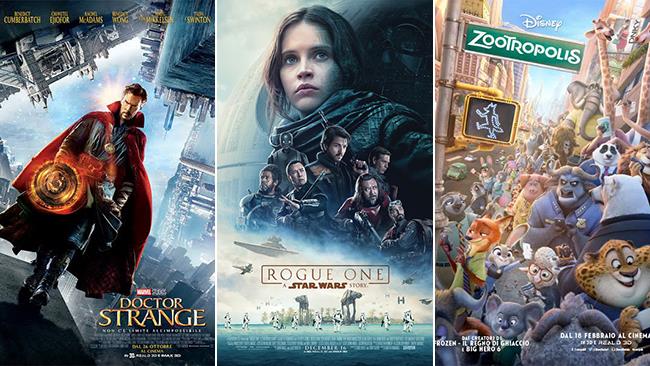 Lungometraggi d'animazione e non solo: i 10 migliori film Disney del 2016 Le locandine dei film Doctor Strange, Rogue One: A Star Wars Story, Zootropolis