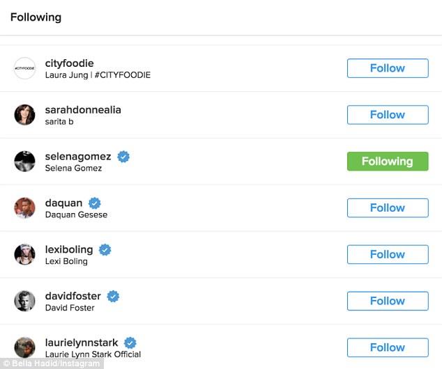Bella Hadid defollowa Selena Gomez La schermata dei follower di Bella Hadid