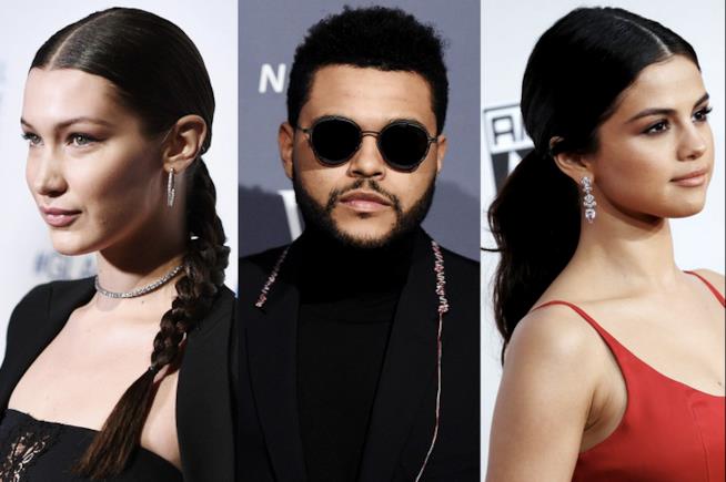 Bella Hadid parla di The Weeknd Un collage tra Bella Hadid, Selena Gomez e The Weeknd