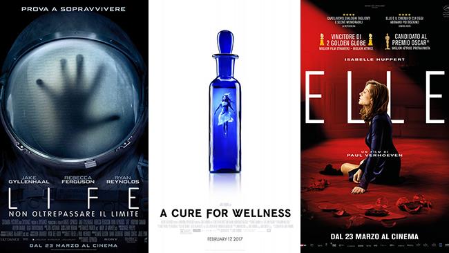 Weekend al cinema: i film in uscita il 25 e 26 marzo 2017 Le locandine dei film Life - Non Oltrepassare il Limite, La Cura dal Benessere, Elle